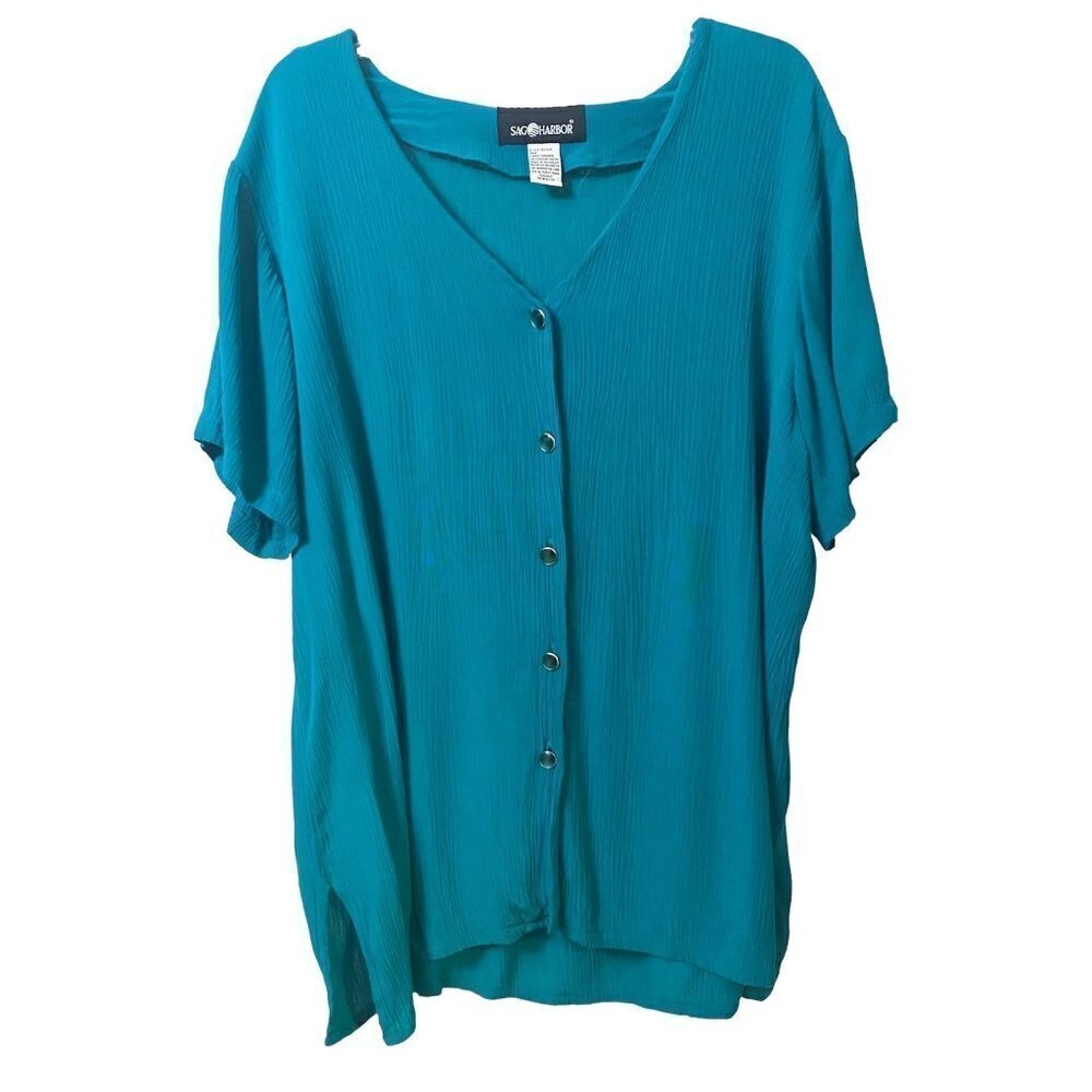 Sag Harbor Short Sleeve Button up Tunic Blouse, Women's Large